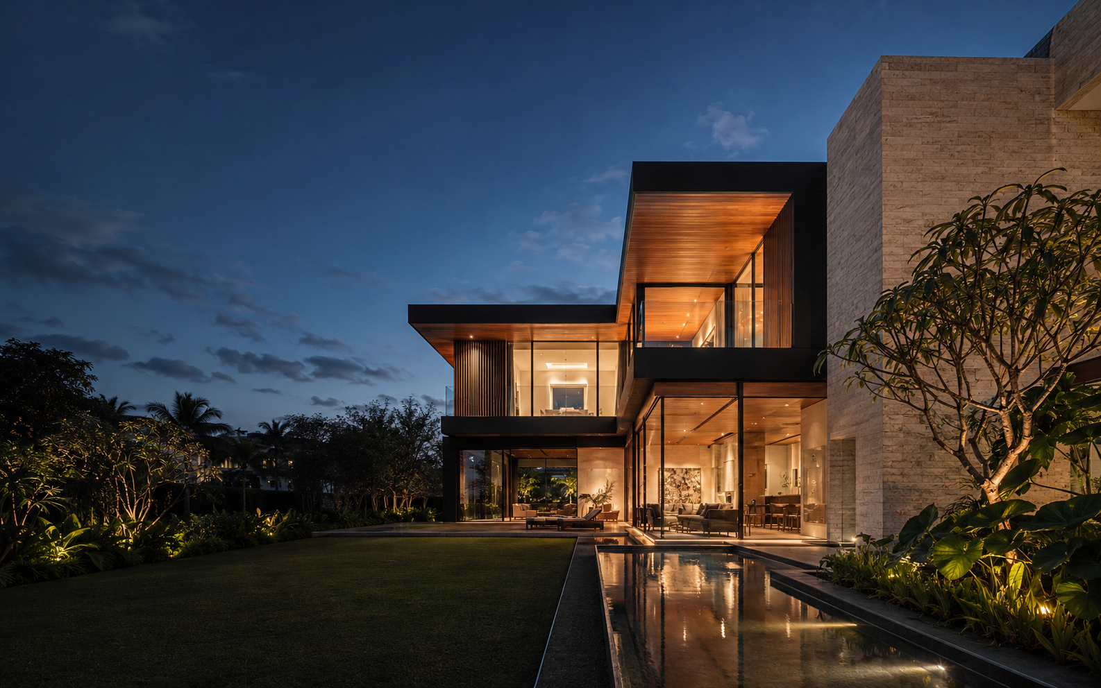 Residência contemporânea iluminada ao entardecer